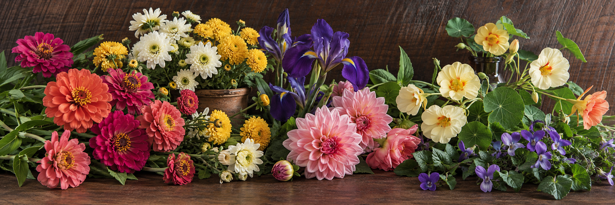Colorful garden flowers arranged on a rustic wooden table.