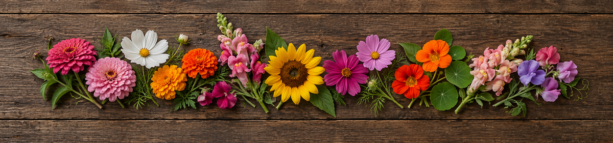 A colorful assortment of fresh cut flowers arranged on rustic wood.