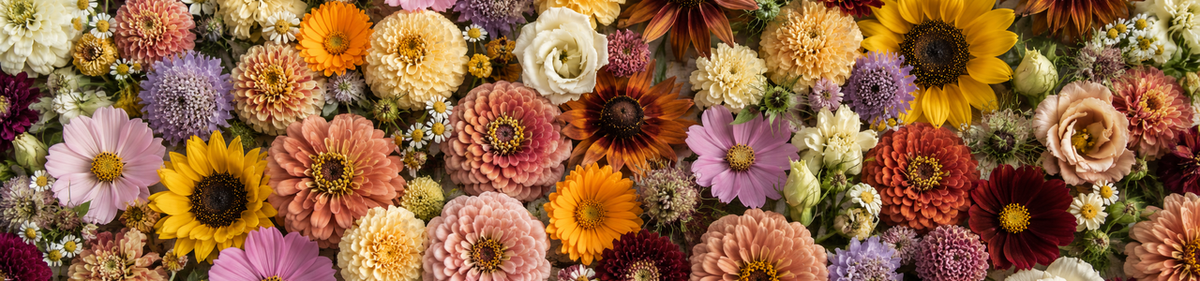 A dense overhead assortment of colorful flowers.