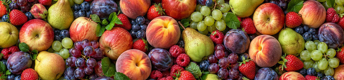 A dense overhead assortment of fresh fruits.